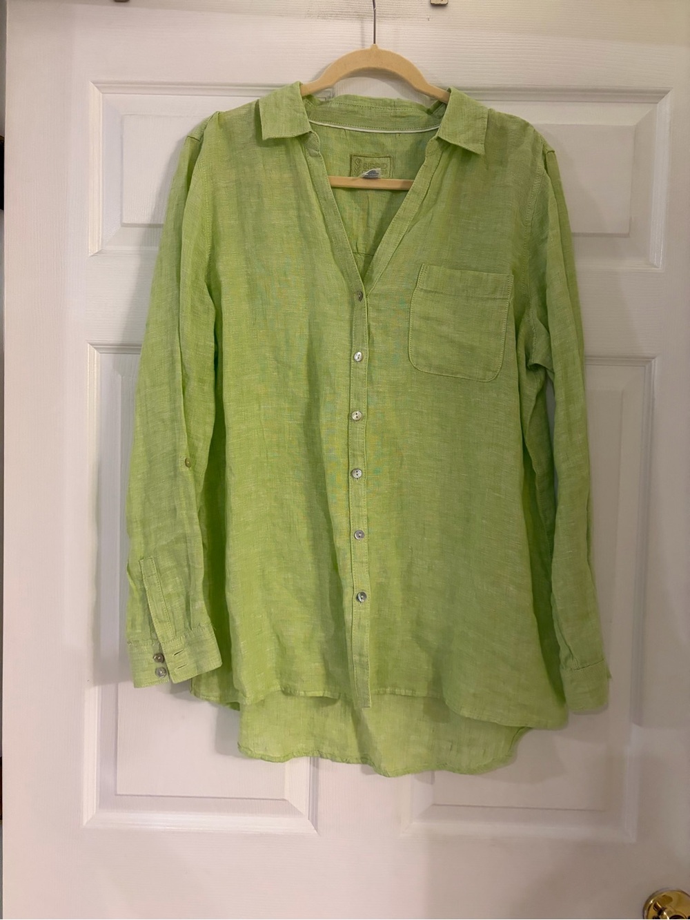 Sigrid Olsen 100% linen button up tunic top roll tab sleeve green size large